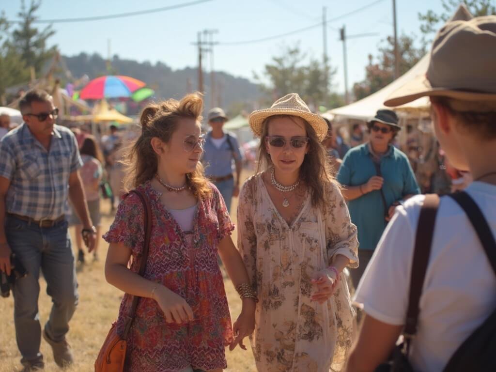Multigenerational community gathering at Shasta District Fair with colorful festivities, expressing human connection and community spirit under sunny skies