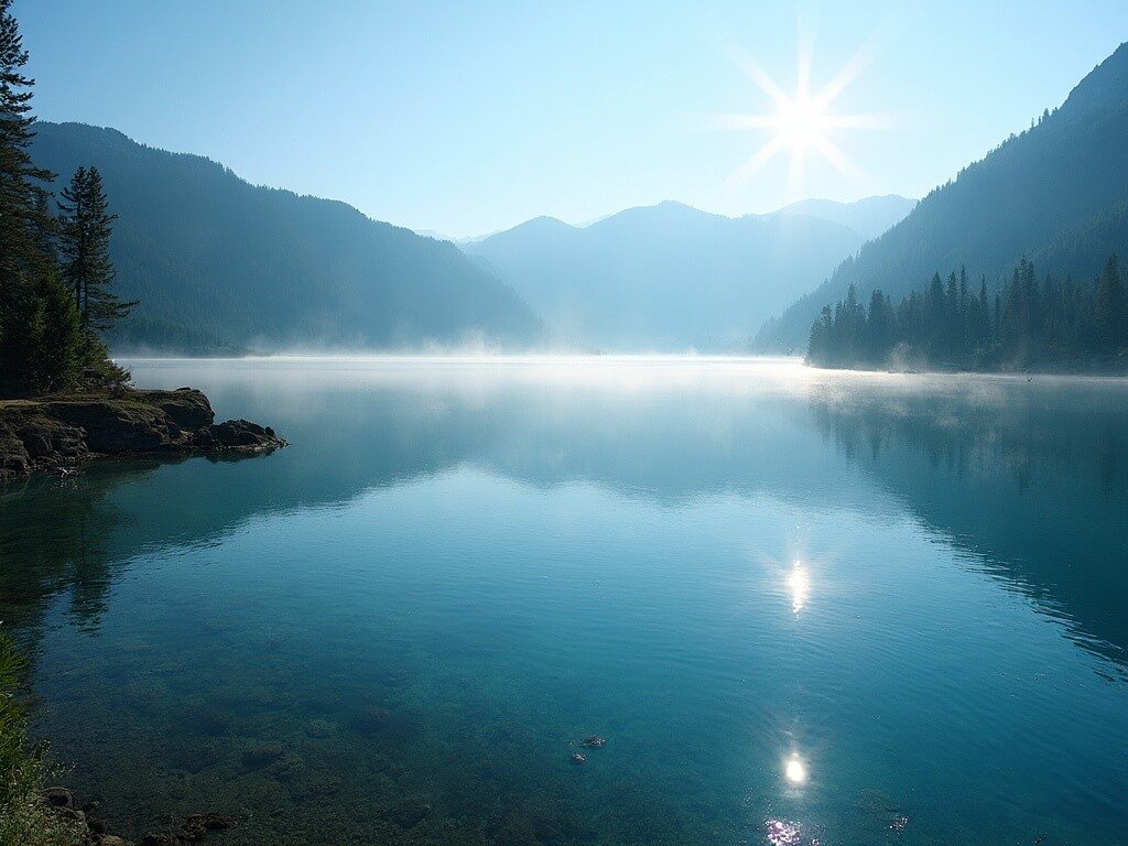 Redding in May: Your Ultimate Guide to California's Hidden Sunny Paradise Panoramic view of Shasta Lake with crystal clear blue waters, pine-covered mountains and rising mist in morning sunlight