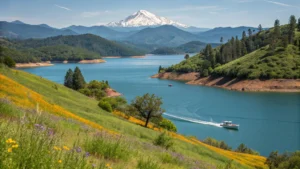 "Panoramic view of Shasta Lake with a small boat, surrounded by green hills and spring wildflowers, snow-capped Mount Shasta in the background, during golden hour in late May"