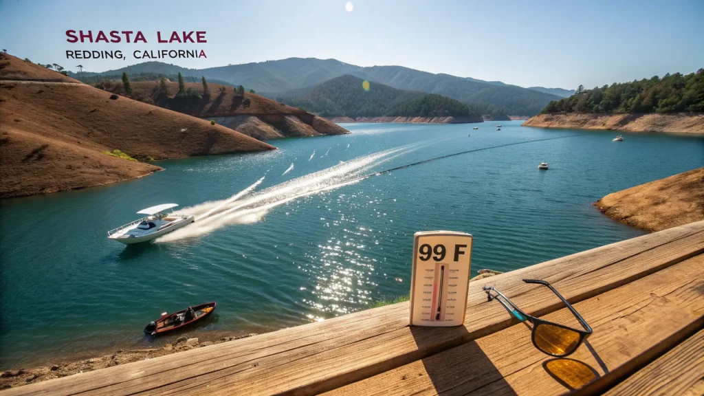 "Sun-drenched Shasta Lake in Redding, California with a speedboat, Shasta Dam in distance, melted sunglasses in the foreground, thermometer reading 99°F, in vivid high-contrast colors"