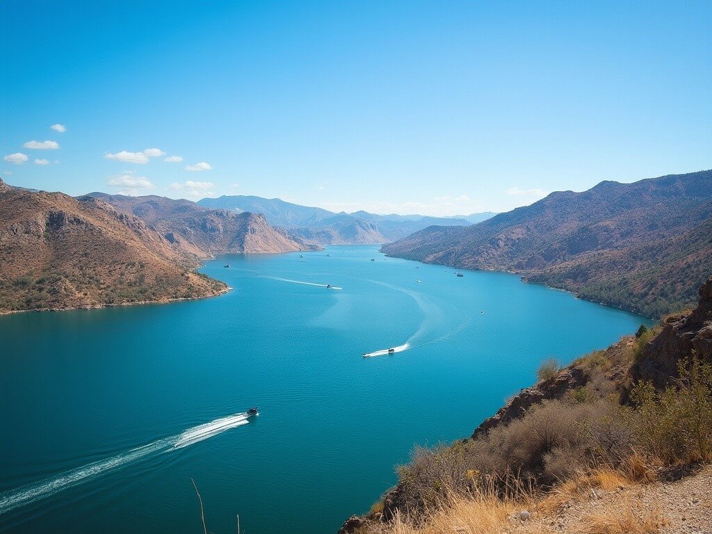Panoramic view of Shasta Lake on a hot August afternoon with blue waters reflecting sunlight, boats cruising, surrounded by golden-brown hills under a clear blue sky