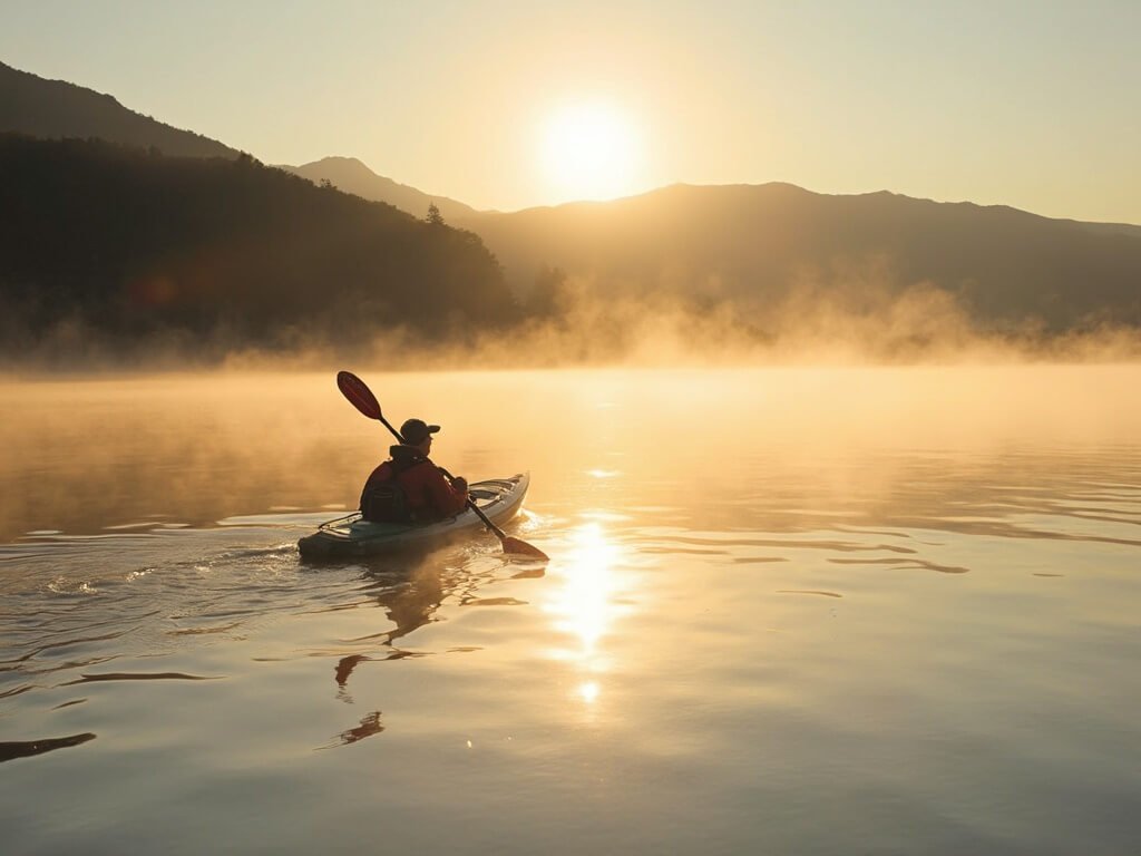 Redding's Scorching July: A Survival Guide to America's Hottest City Kayaker on Shasta Lake at dawn with mist rising from water and silhouetted mountains in the background
