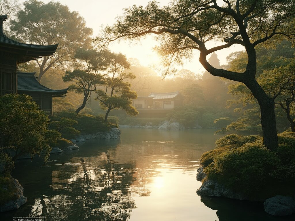Morning light filtering through pruned trees at Shinzen Japanese Garden during golden hour