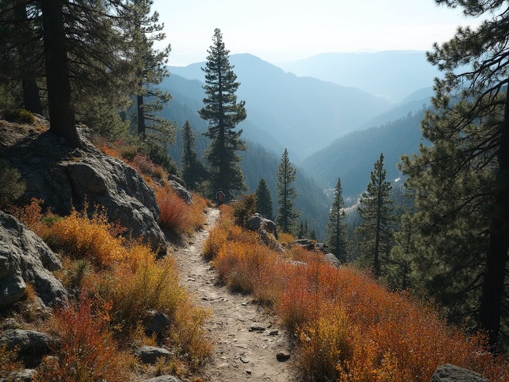 Lone hiker exploring a dramatic trail in the Sierra Nevada foothills with early autumn colors, pine trees, rugged terrain, distant mountain vista, and soft morning light.