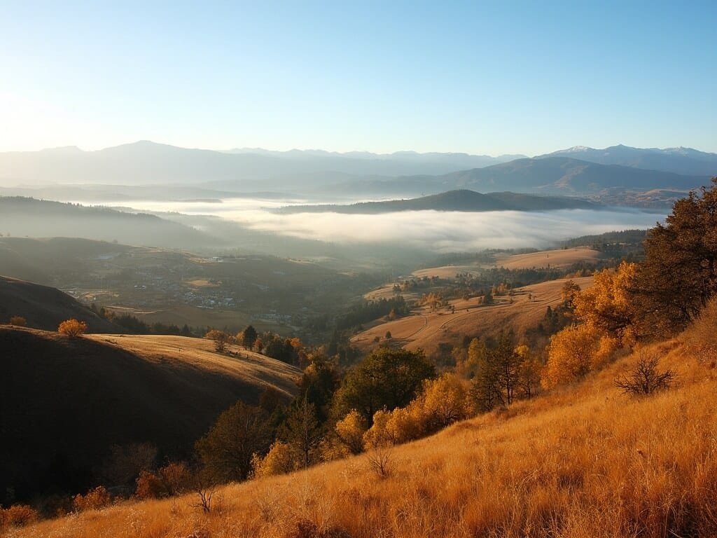 Panoramic landscape of Sierra Nevada foothills in November with autumn-colored trees, distant mountains, and morning mist over farmlands