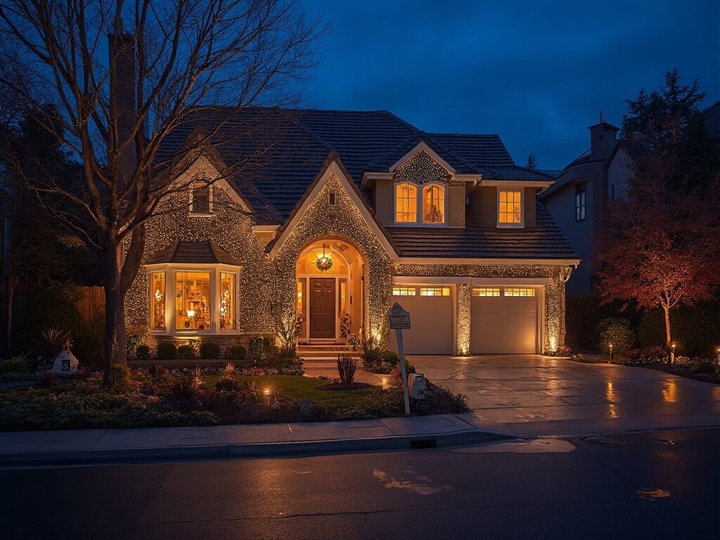 San Jose in December: Your Ultimate Winter Wonderland Guide 🌧️🎄 Synchronized LED holiday light displays on smart homes in a technologically advanced Silicon Valley neighborhood at night, showcasing unique festive decorations and soft ambient winter lighting.