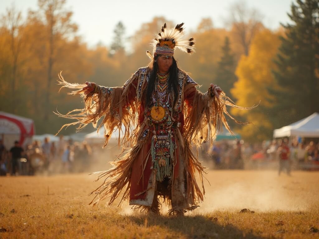 Why Redding in October is Your Secret Autumn Paradise (No Tourist Traps Included) Native American dancer in full regalia performing at the Stillwater Pow Wow, surrounded by autumnal trees in soft golden lighting