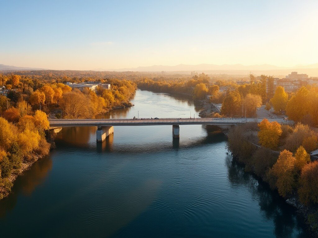 Sundial Bridge spanning Sacramento River during golden hour, lined with vibrant autumn trees and long morning shadows, under a clear sky