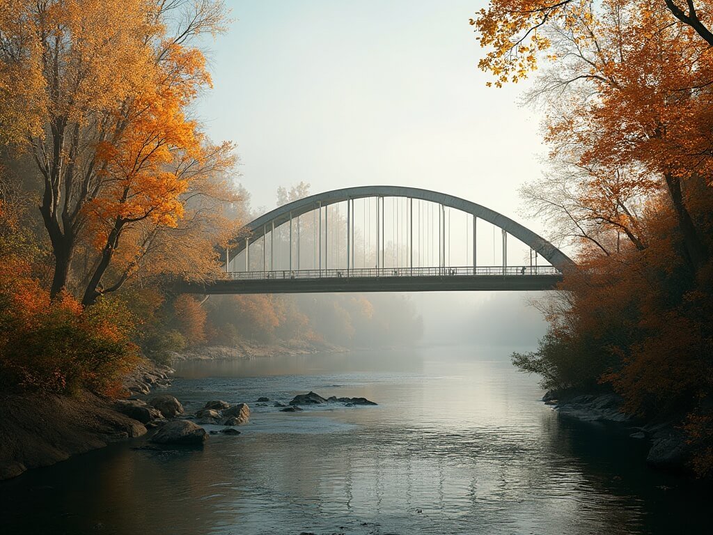 Why Redding in October is Your Secret Autumn Paradise (No Tourist Traps Included) Sundial Bridge over Sacramento River surrounded by autumn-colored trees in morning mist with no people