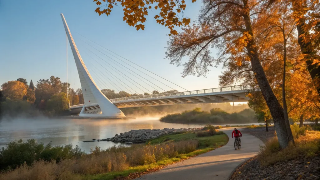 Why Redding in October is Your Secret Autumn Paradise (No Tourist Traps Included) "Autumn view of Redding's Sundial Bridge at golden hour, casting shadows on the Sacramento River, cyclists on riverside trail, surrounded by fall foliage, with morning mist and clear blue sky"