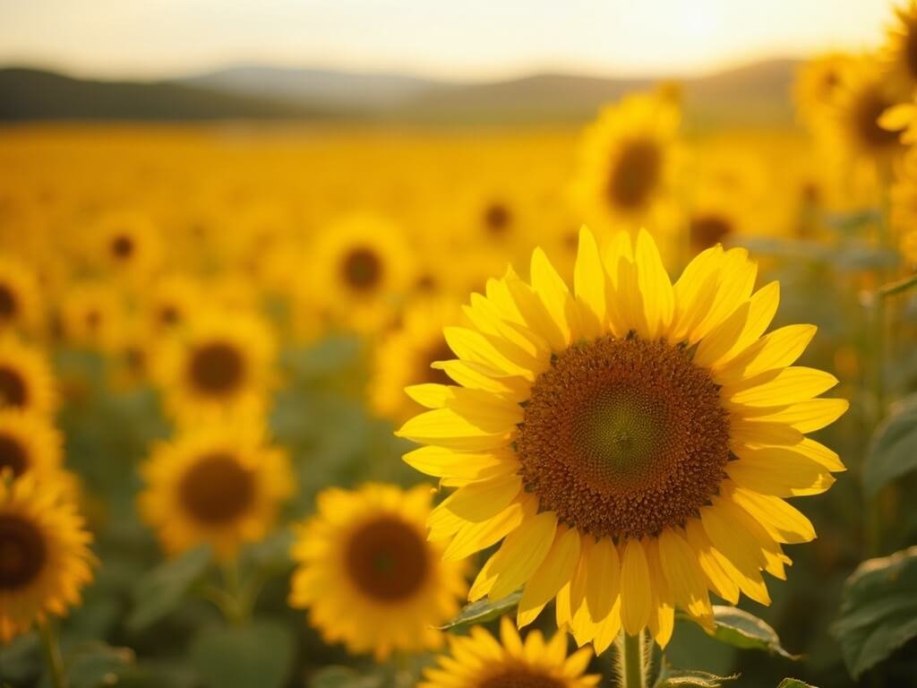 Close-up view of bright yellow sunflower field at Sunflower & Zinnia Festival in September with soft natural lighting
