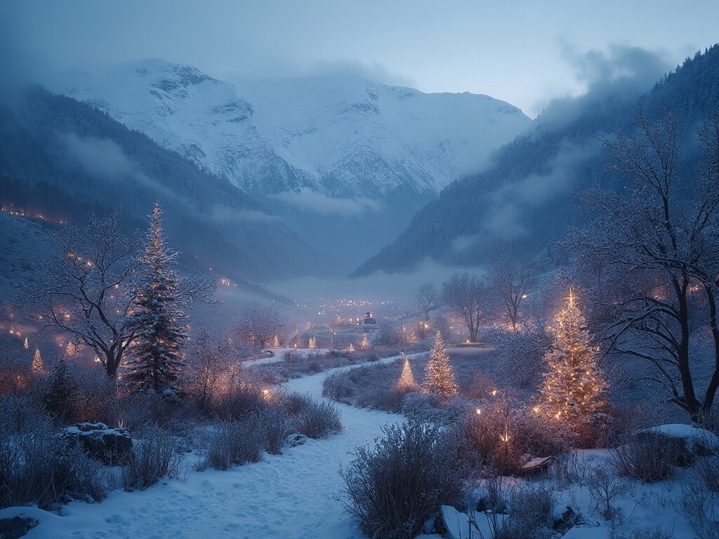 Redding in December: Your Ultimate Cold-Weather Playground Revealed Winter landscape with solar-powered Garden of Lights highlighting eco-friendly practices, set against misty mountain terrain and native vegetation