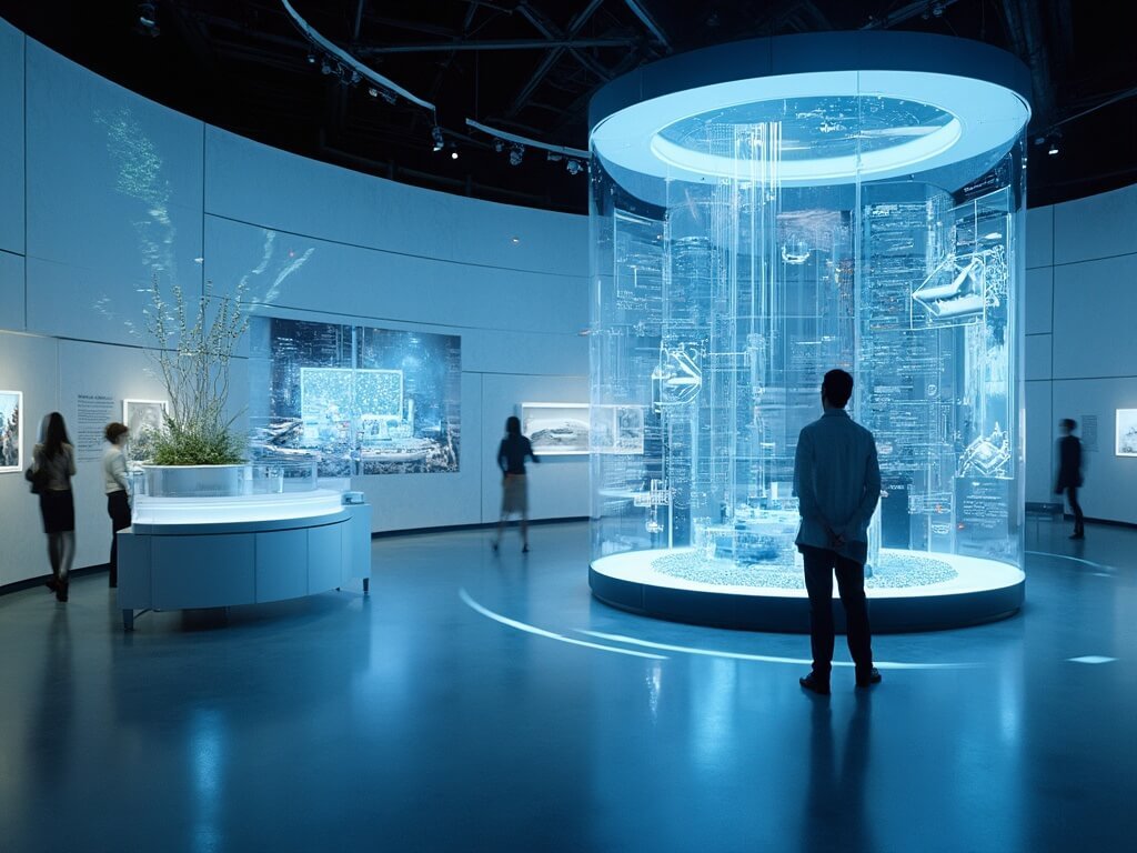 Modern, sleek technology exhibits with interactive displays at the Tech Interactive Museum, provided with soft ambient lighting and futuristic design elements