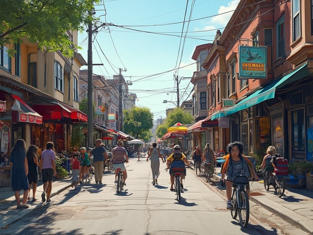 Vibrant street scene in Temescal neighborhood with diverse locals, multicultural restaurants, street art, pedestrians, and cyclists illustrating community energy and cultural fusion.