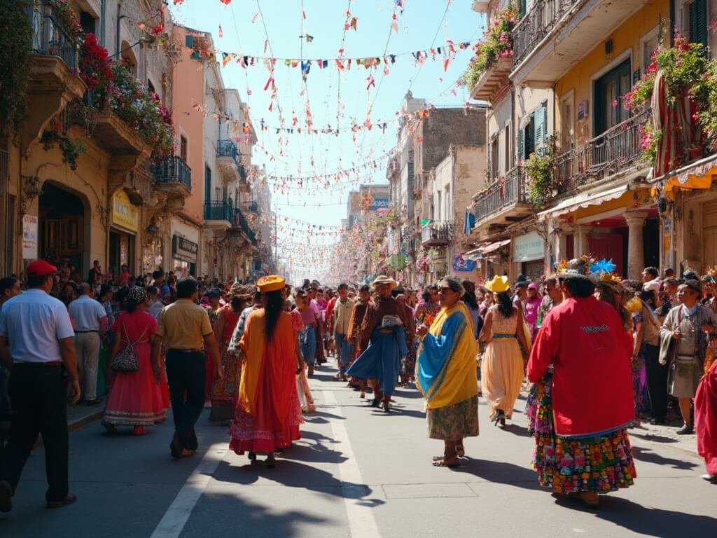 Crowds celebrating Fiestas Patrias in the Tower District with traditional costumes and street decorations