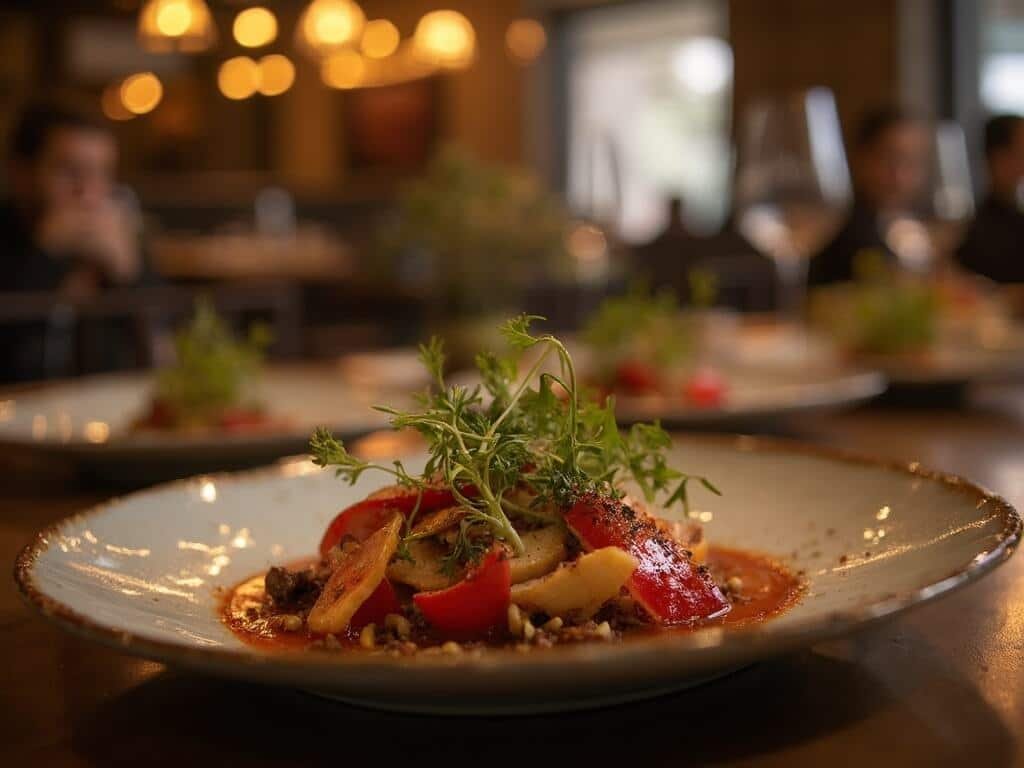 Seasonal winter dish featuring Central Valley produce on rustic plating with warm golden lighting in a Tower District restaurant