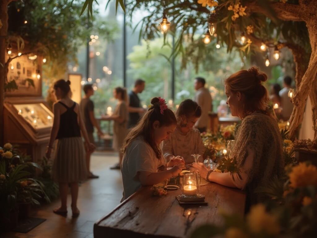 Visitors exploring interactive exhibits at an intimate cultural event inside Turtle Bay Exploration Park with warm ambient lighting, subtle fall decorations, and botanical garden view through large windows.