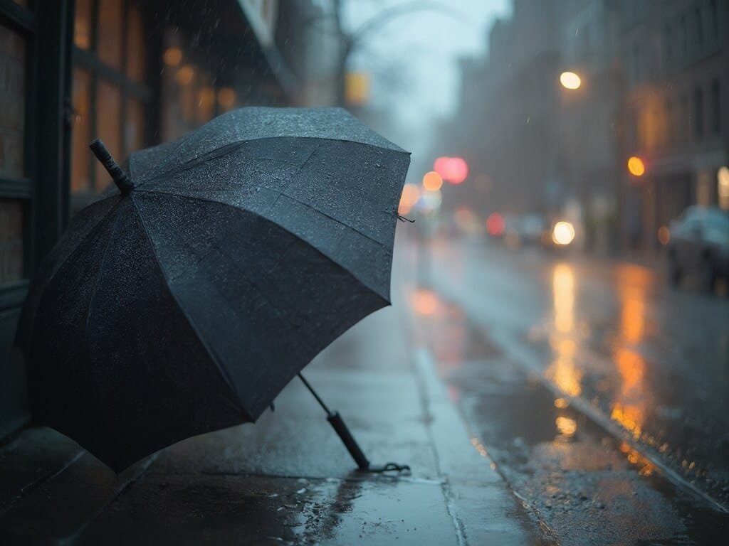 Close-up of compact umbrella on damp Oakland street with blurred streetlights and wet pavement reflections, under light drizzle