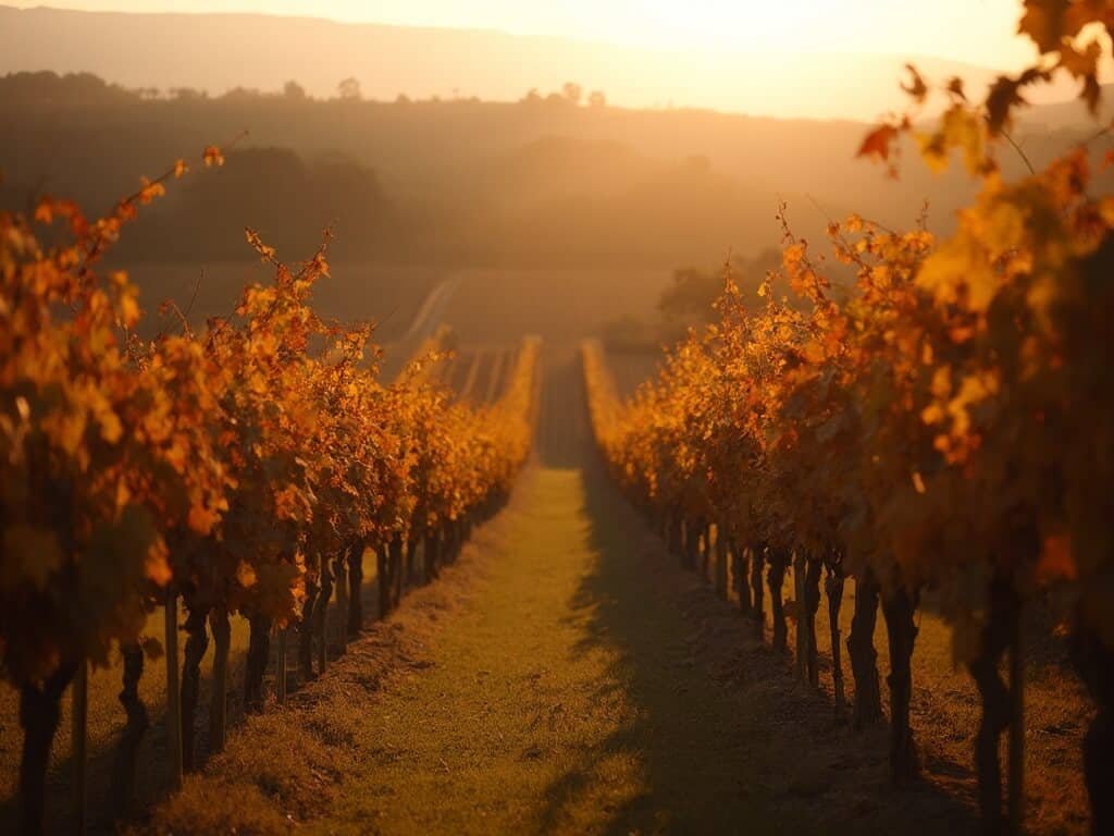 Golden hour vineyard landscape in Central California during November, featuring rows of grapevines in autumn colors and long shadows