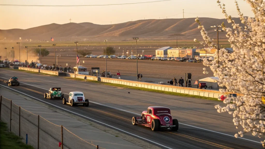 "Vintage drag race at Famoso Raceway with classic 1950s-60s hot rods, spectators in period attire, almond blossoms, racing banners, and desert wildflowers under a warm March afternoon light."