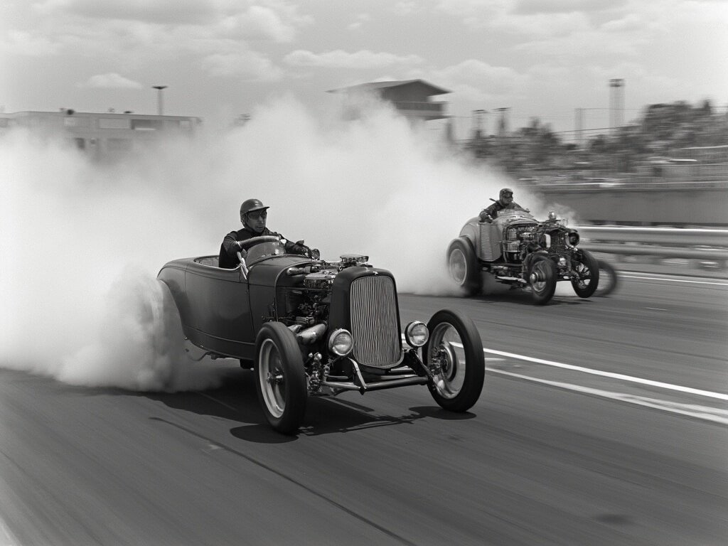 Uncover Bakersfield's Hidden March Magic: A Traveler's Insider Guide Vintage dragsters racing at Famoso Raceway with blurred spectator stands in the background