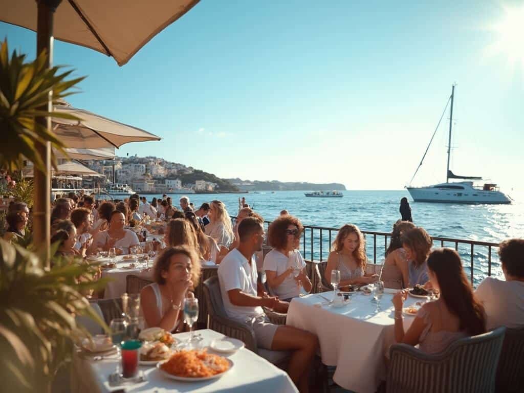 Vibrant waterfront dining scene under clear blue skies, reflecting soft afternoon sunlight on water, with people in light layers enjoying summer breeze