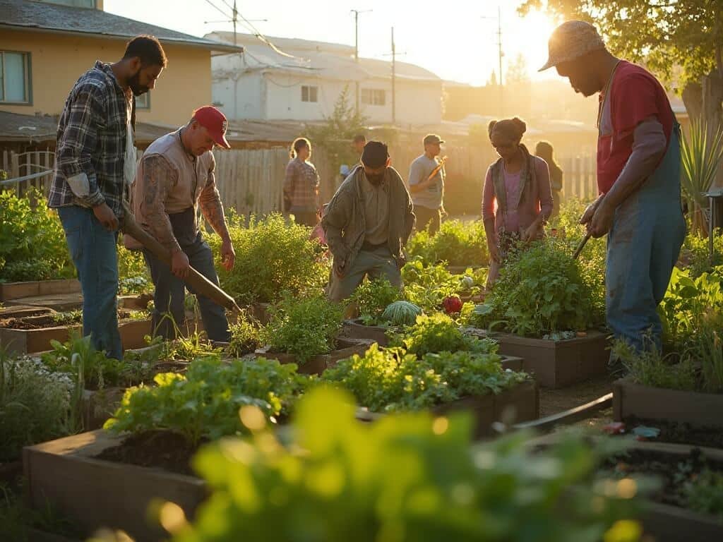 Multicultural community members tending to a sustainable urban agriculture garden with various vegetables in raised beds during golden hour in West Oakland