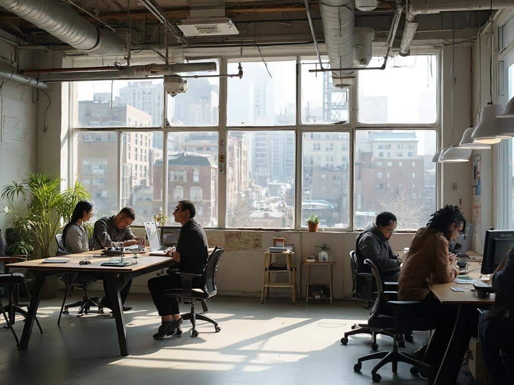 Diverse entrepreneurs collaborating in a modern minimalist urban tech startup workspace in West Oakland, with large windows revealing industrial neighborhood, innovative tech equipment and natural sunlight illuminating the room