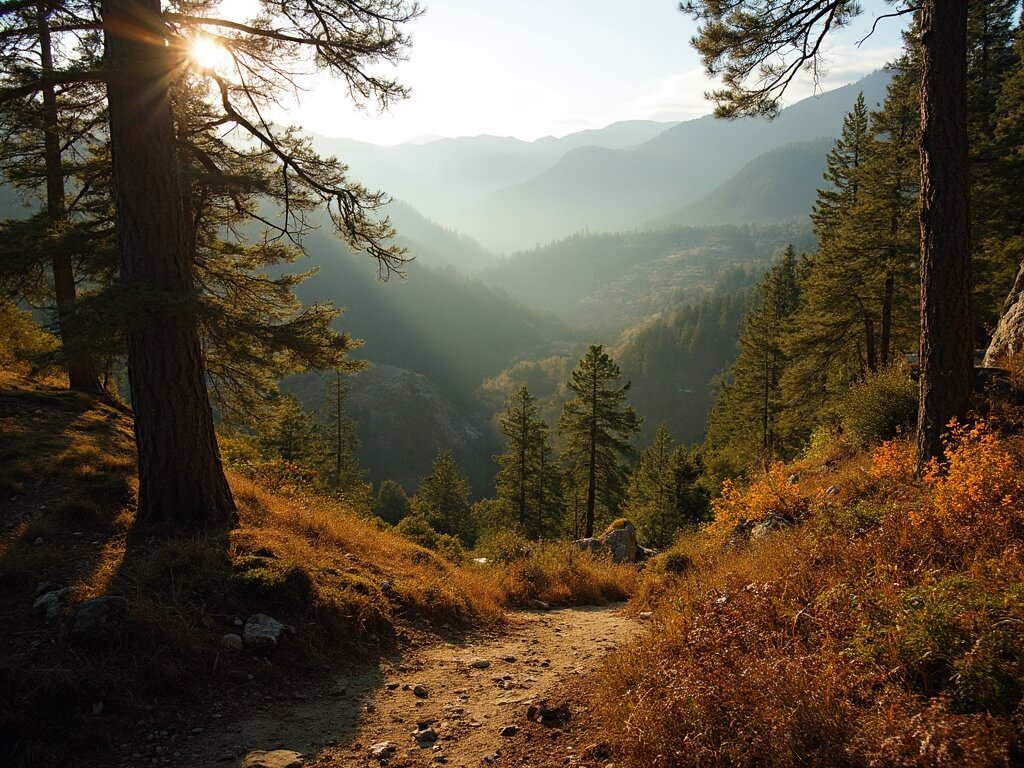 Winding trail at Whiskeytown National Recreation Area with autumn color hints, distant mountain silhouette and soft morning light