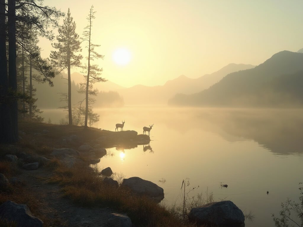 Misty deer silhouettes near the shoreline of Whiskeytown Lake at dawn, with soft golden sunlight breaking through morning fog and mountains in the distant wilderness