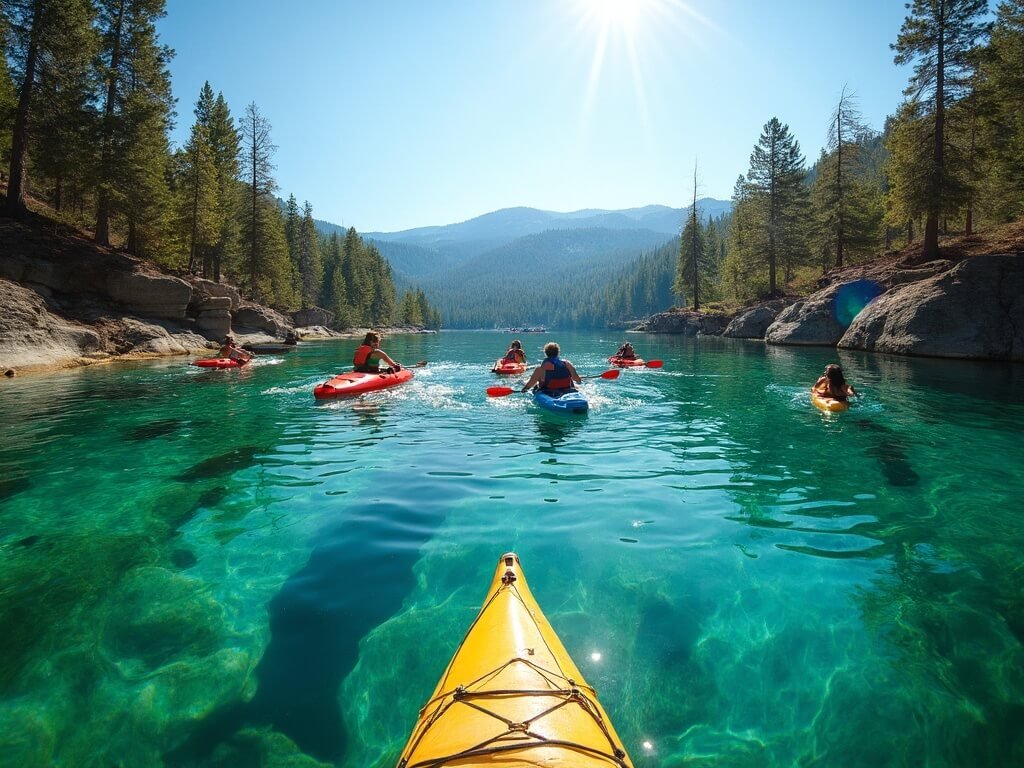 Kayakers enjoying summer on the crystal-clear water of Whiskeytown Lake, surrounded by pine-covered hills under the warm California sunlight