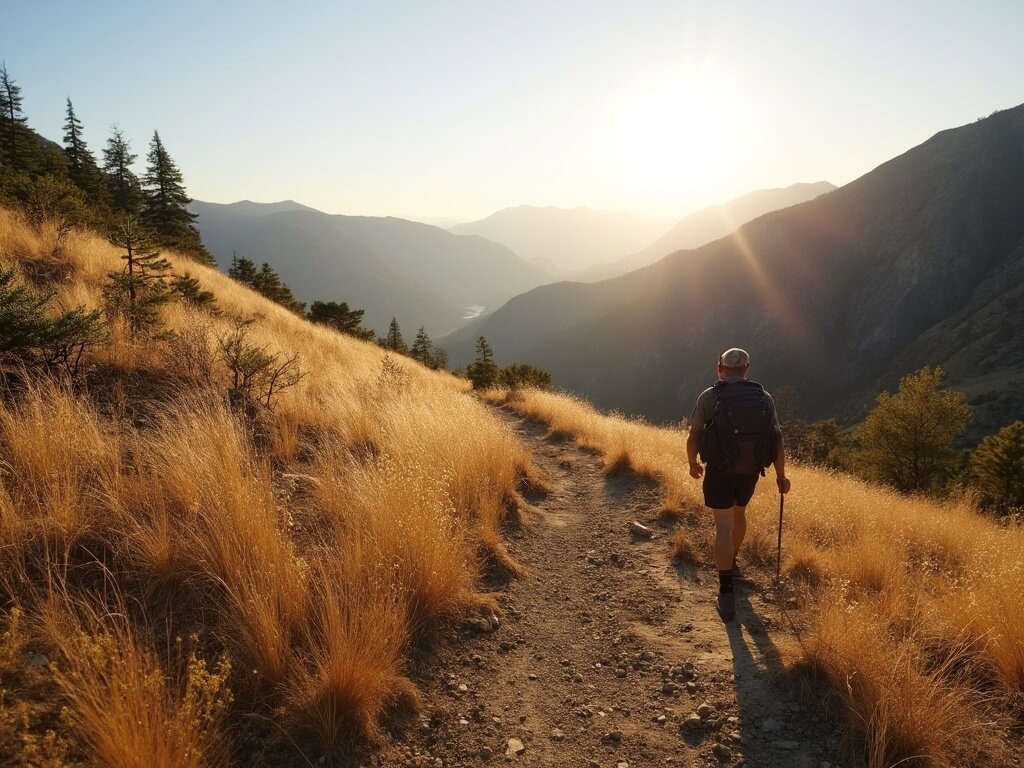 Lone hiker traversing a hot summer trail in Whiskeytown National Recreation Area with dry golden grass and distant mountain silhouettes