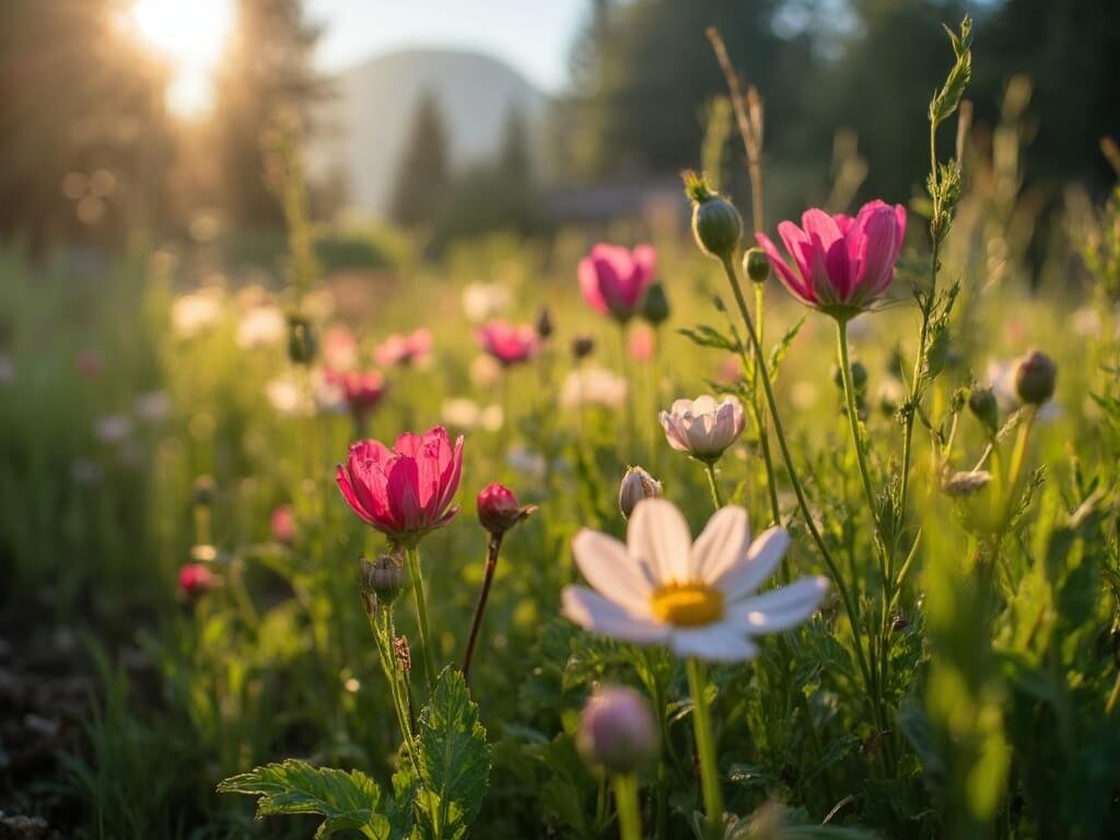 Redding in May: Your Ultimate Guide to California's Hidden Sunny Paradise Close-up of colorful wildflowers in sharp focus along a hiking trail in Whiskeytown National Recreation Area, morning sunlight filtering through the green foliage