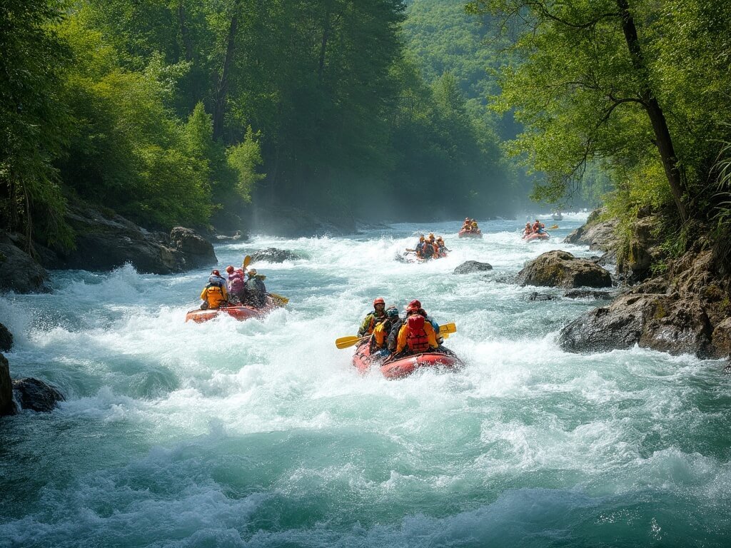 White-water rafters in colorful gear navigating rapid waters near Redding, surrounded by lush forest under sunlit canopy
