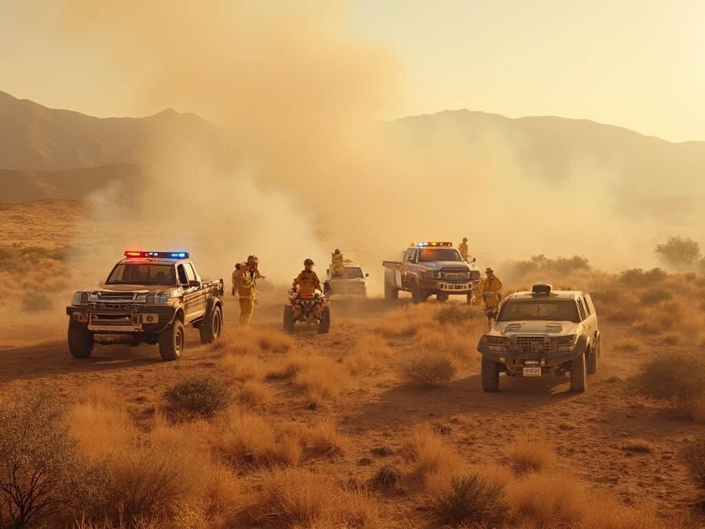 Firefighters and emergency vehicles participating in wildfire preparedness training in a dry landscape with distant mountains, reflecting proactive climate adaptation strategies
