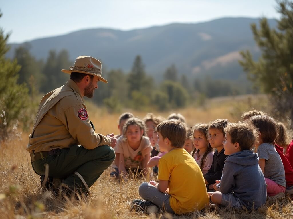 Fire ranger teaching wildfire prevention to children in Northern California's natural landscape