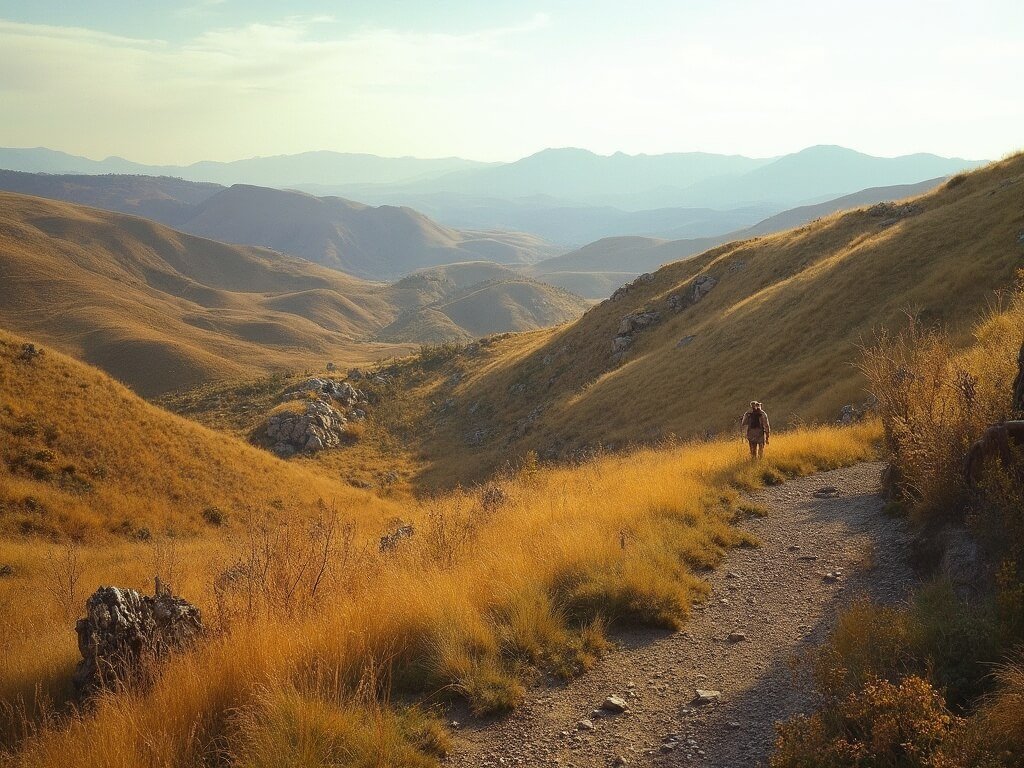 Wind Wolves Preserve with rolling hills, native grasses, winding hiking trail, soft afternoon light illuminating the terrain, and blurred distant mountains