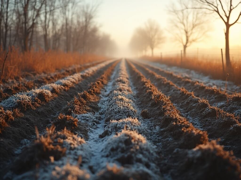 Bakersfield in December: A Hidden Winter Wonderland You Never Knew Existed Dormant agricultural field in winter with frost-covered soil and bare tree branches in golden morning light