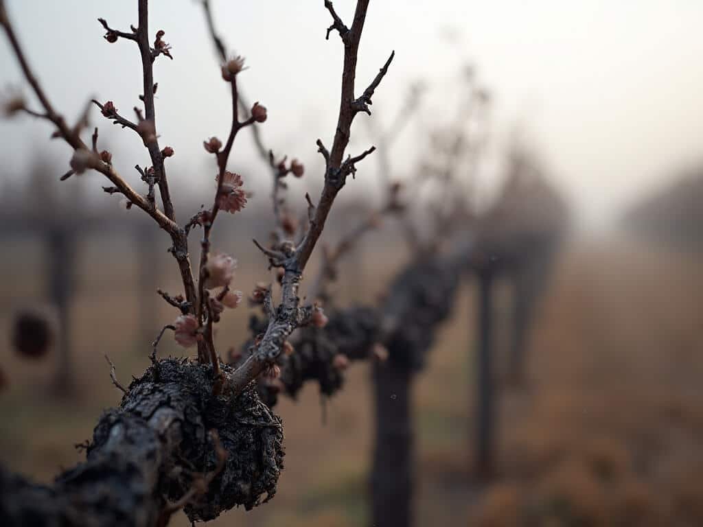 Bare grapevines with morning dew in a vineyard under soft grey winter sky