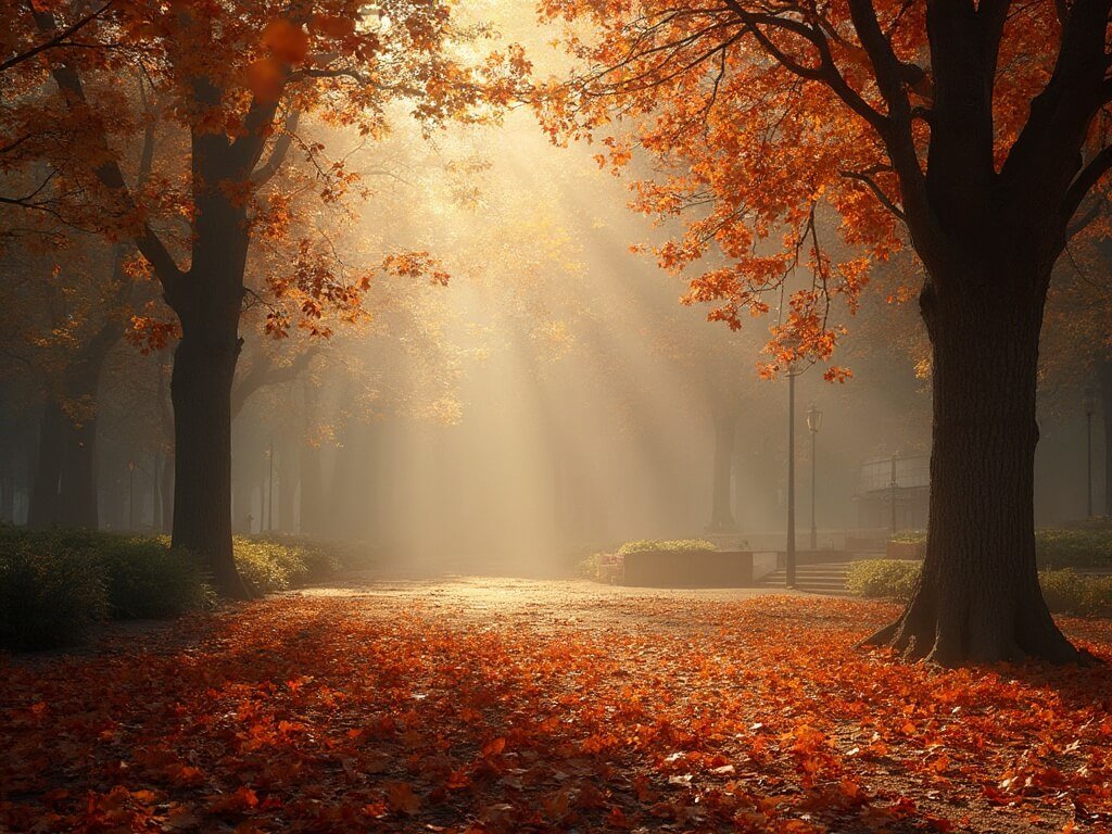 Autumn morning in Woodward Park with golden light, falling leaves and visible crisp air