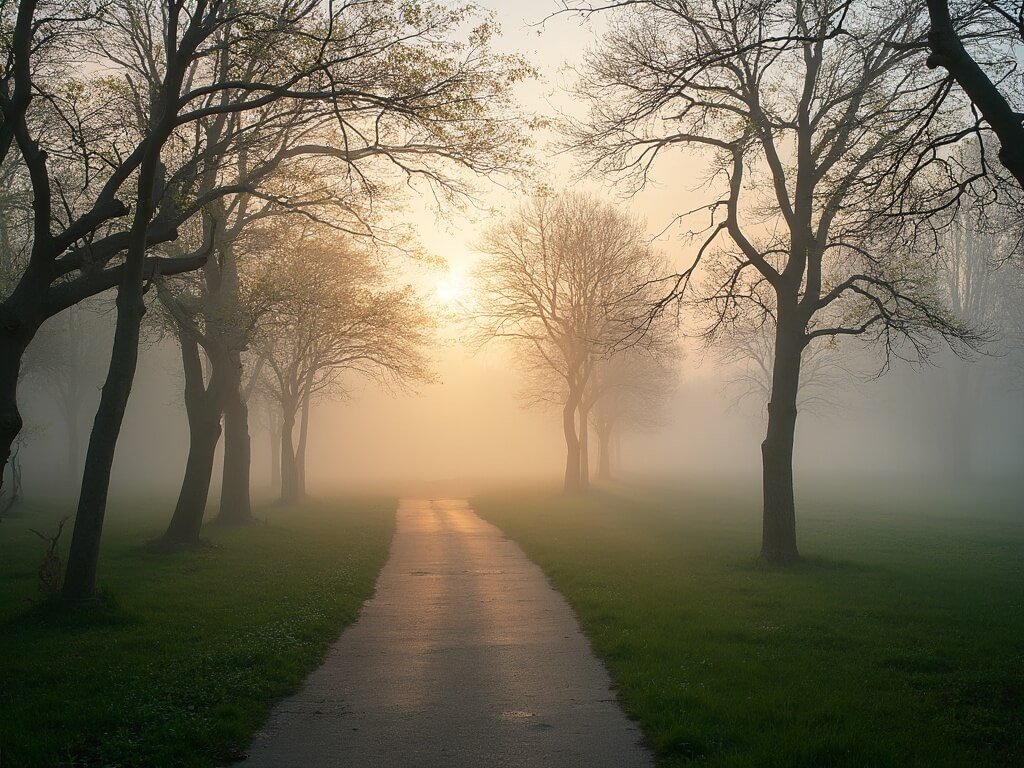 Early morning golden hour at Woodward Regional Park with soft light filtering through budding trees, misty atmosphere, and a serene walking path winding through the spring landscape