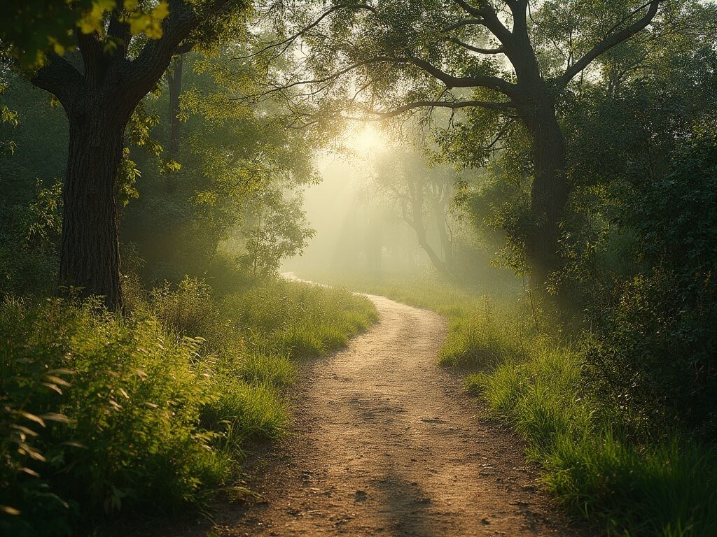 Early morning hiking trail at Woodward Park in Fresno, surrounded by lush green vegetation, with morning light casting shadows