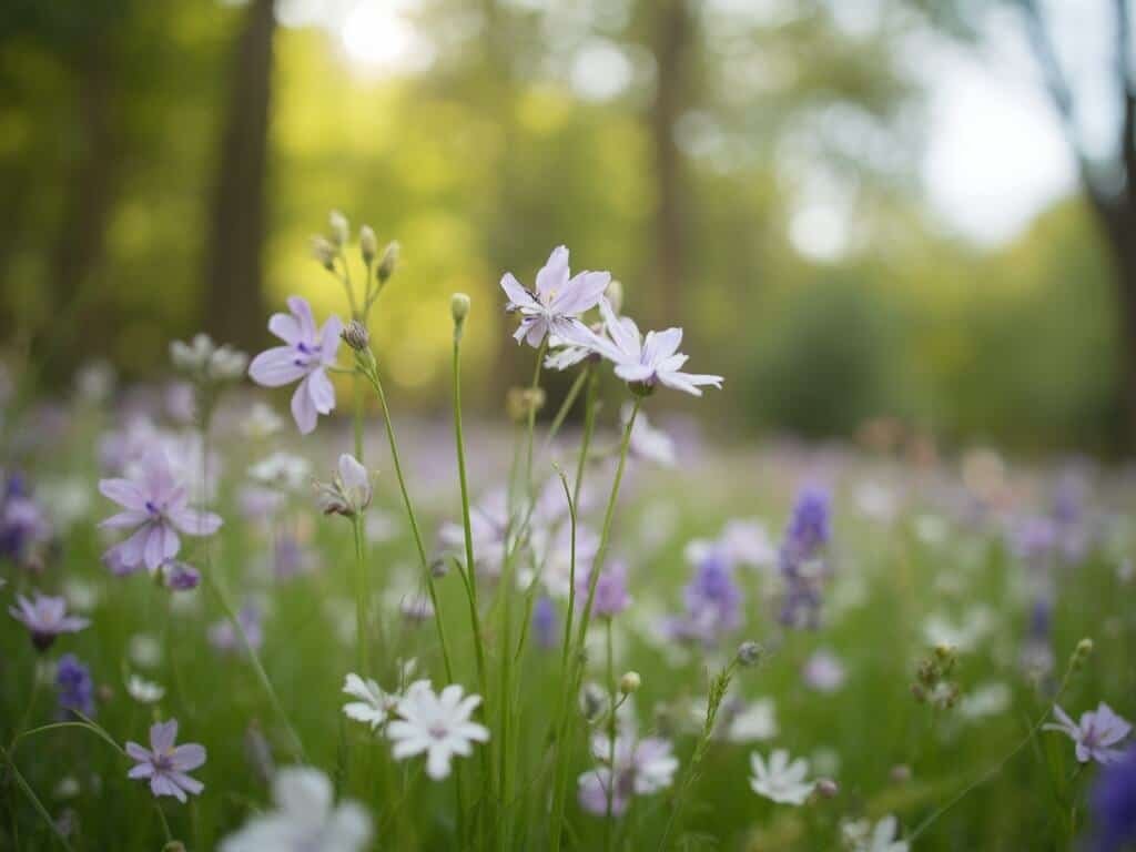 Close-up of blooming white and purple wildflowers in Woodward Park, Fresno with dappled sunlight in background