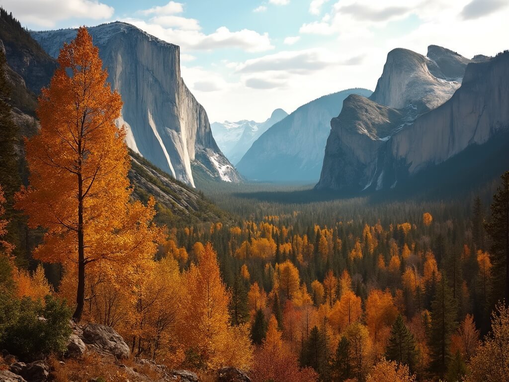 Autumn in Yosemite National Park with golden trees, granite cliffs, and warm sunlight
