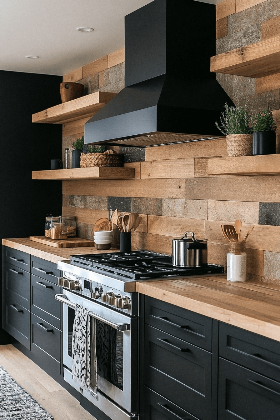 black and wood kitchen