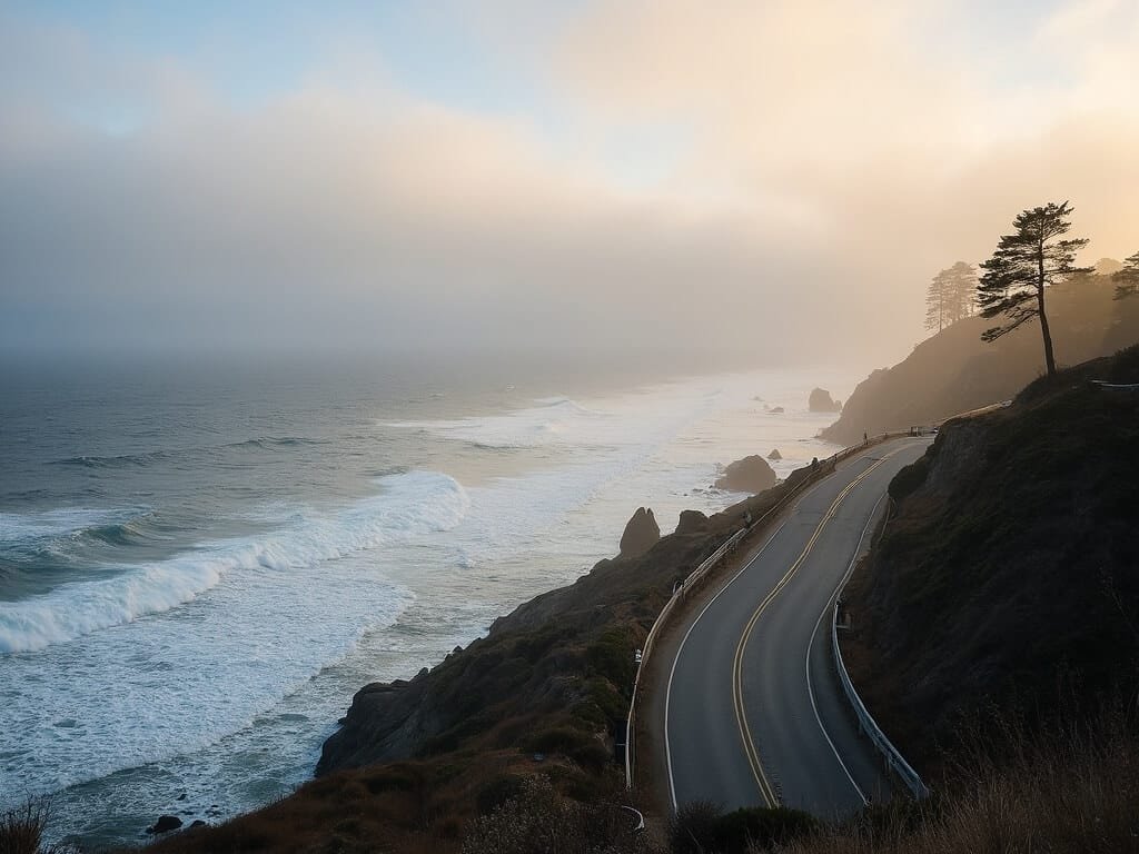 Panoramic view of 17-Mile Drive with a lone cypress tree, winter ocean waves, and low-hanging clouds during golden hour