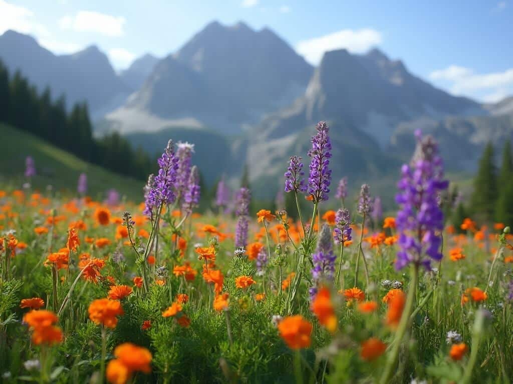 Close-up of alpine wildflowers, including lupine and Indian paintbrush, in a high-elevation meadow near Tuolumne, with soft-focused mountain peaks in the background