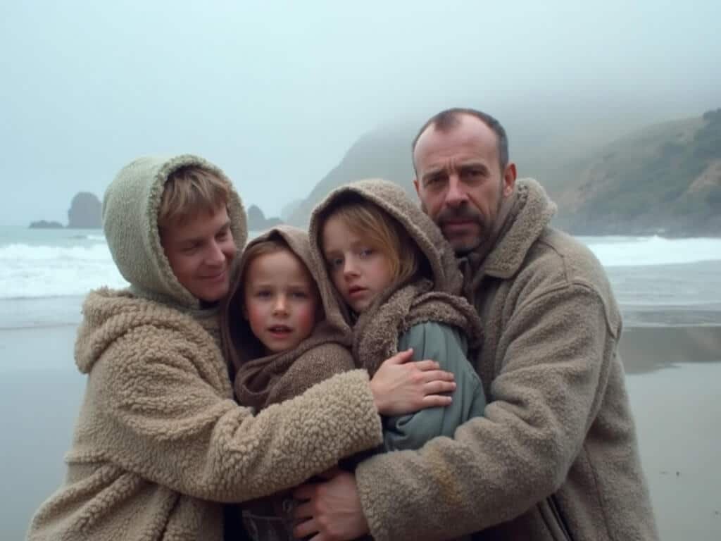 Arizona family in light clothing looking stunned on Carmel Beach, shocked by the cold Pacific Ocean and misty coastal landscape