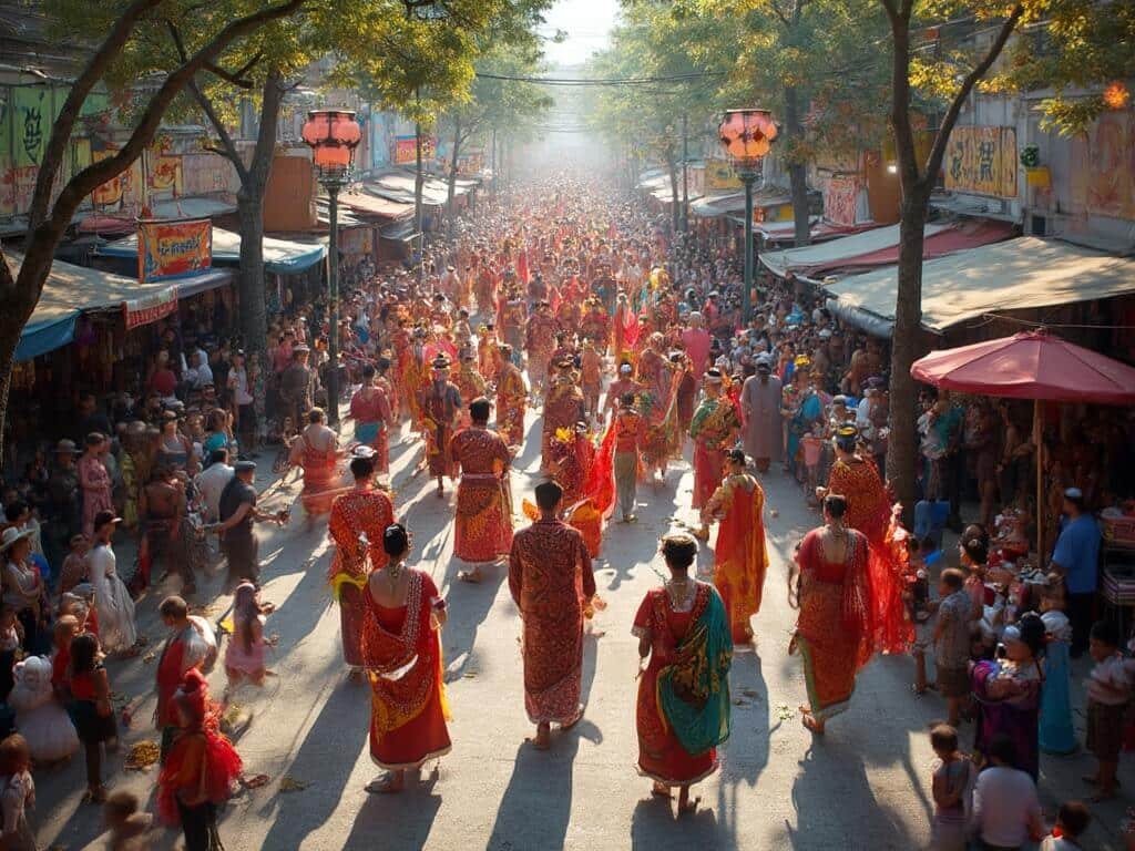 Overhead view of the lively Asian Heritage Street Celebration showing diverse cultural performances, traditional costumes, bustling crowds, and colorful street decorations