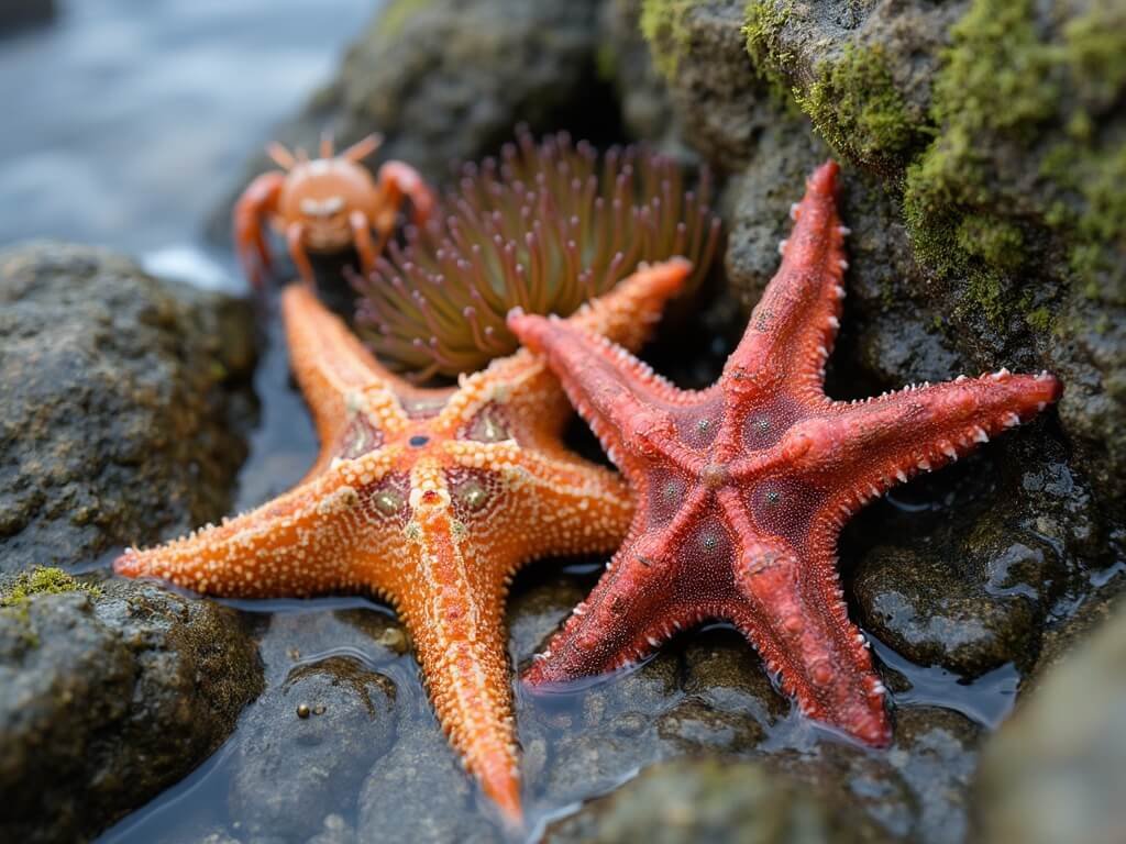 Close-up image of a tide pool at Asilomar State Beach with sea stars, sea anemones, a hermit crab, and moss-covered rocks in shallow water
